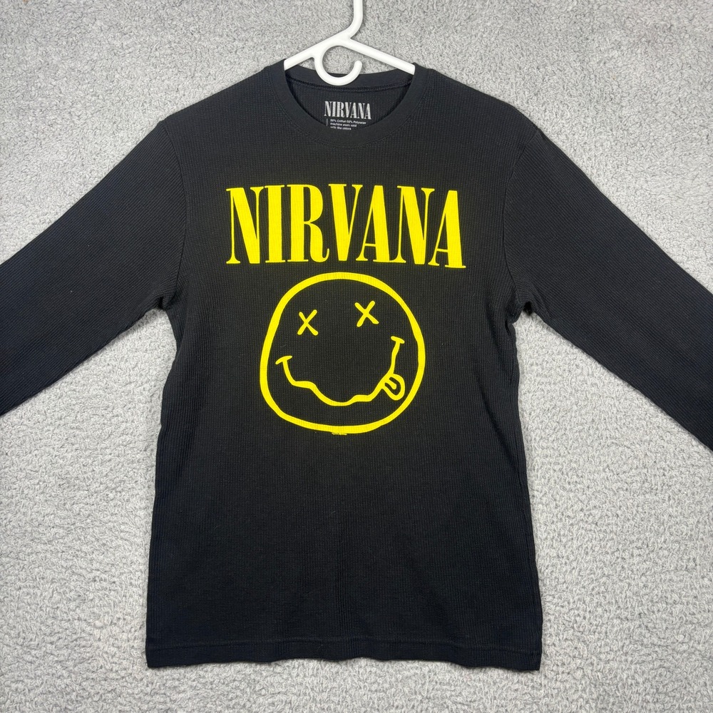 Nirvana Thermal Shirt Men M Black Smiley Face Graphic Long Sleeve Waffle Knit
